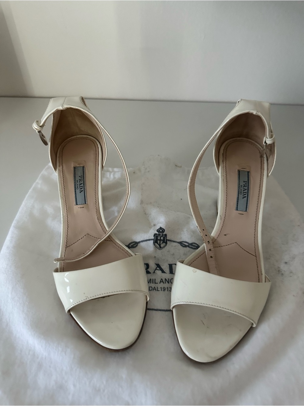 Prada Cream Patent Leather Open-Toe Ankle-Strap Sandals